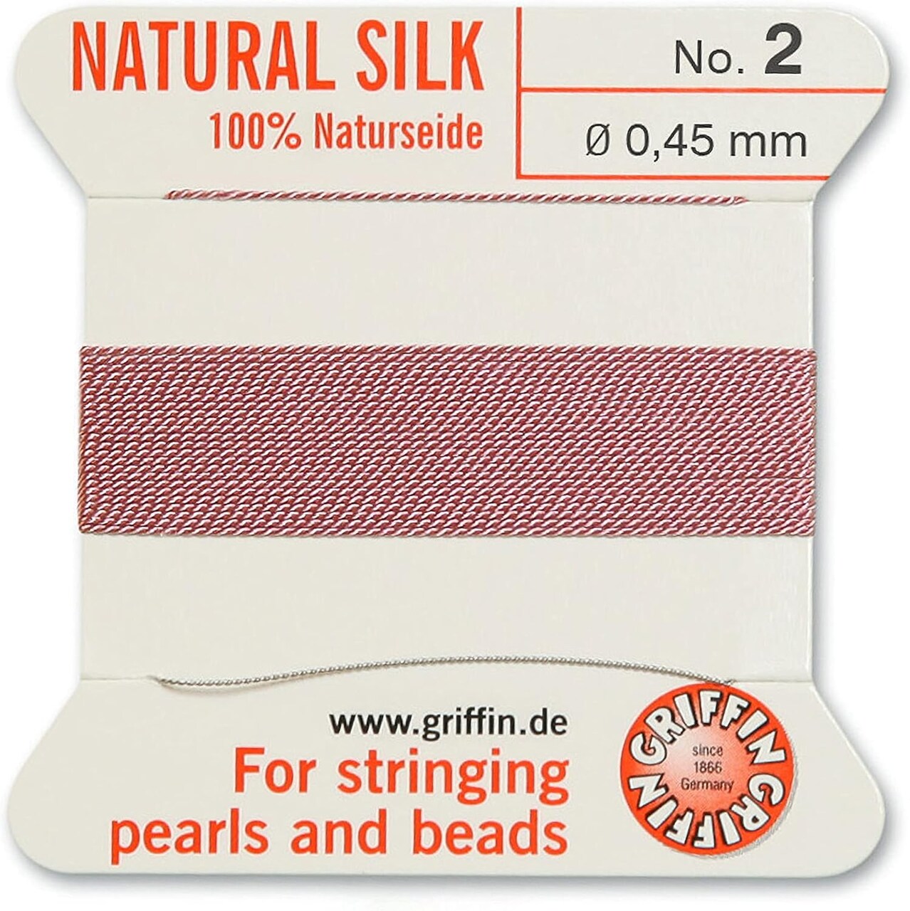 Griffin Silk Bead Cord Perlseide – Size 2 (0.45mm) – 2 Meters per Card – Stainless Steel Needle Attached – for Knotting Pearls, Gemstones, Crystals and Beads